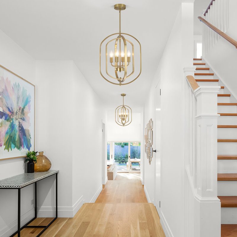 4 - Light 16 Inch Modern Dimmable Geometric Chandelier Adjustable Lantern Light Fixture, Brass