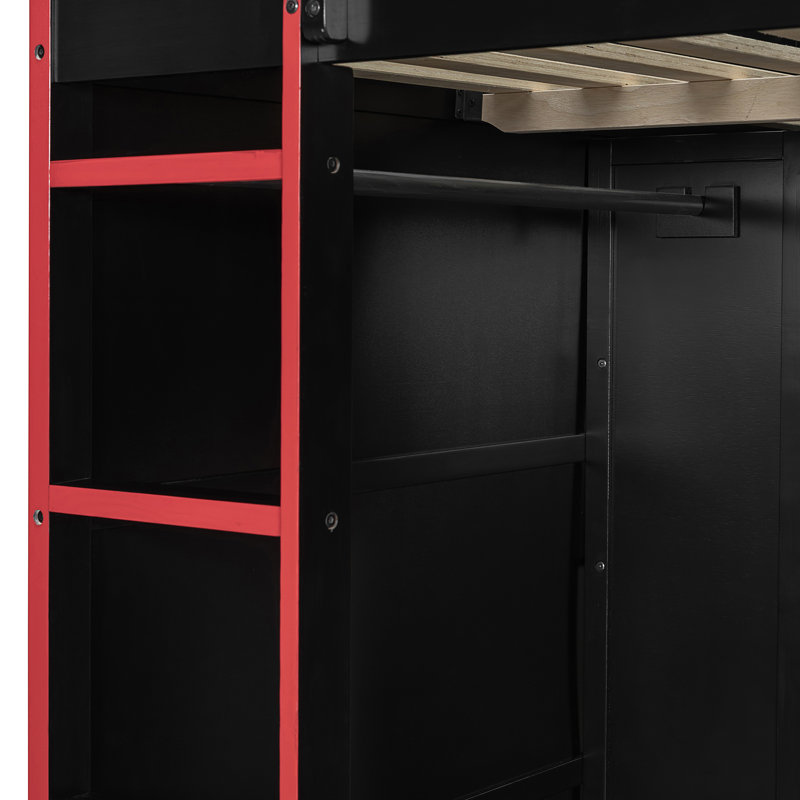 Lit mezzanine en bois avec bureau, Rouge