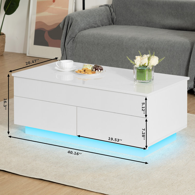 Lift Top Coffee Table With 2 Drawers & Smart LED Light, White
