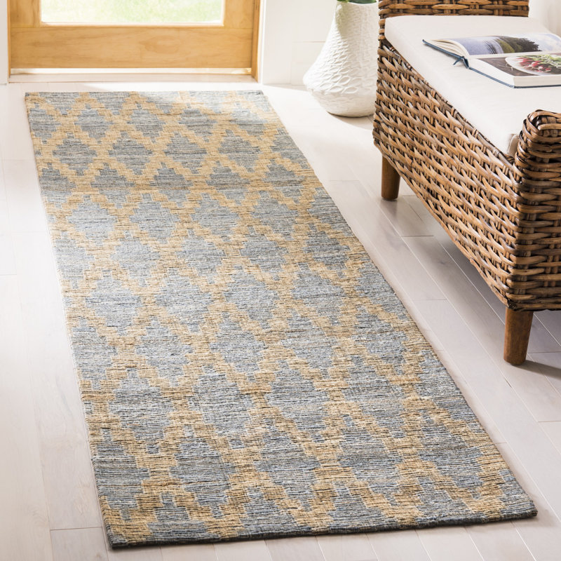 Montserrat Hand Woven Jute/Cotton Geometric Rug in Light Blue/Gold, Runner 2'3" x 8'