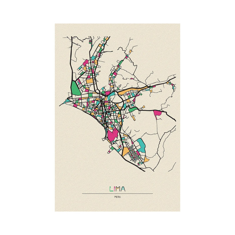 «Lima, Pérou Map» par Ayse Deniz Akerman - impression sur toile tendue, H 26 po x l 18 po x 1,5 po