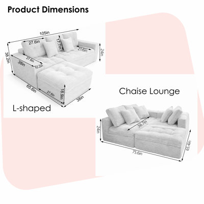105" Modern Modular Cloud Sectional Sofa with Ottoman, Faux Rabbit Fur Velvet, High Back Deep Seating, Removable Washable Covers, Tool-Free Setup Chaise for Living Room