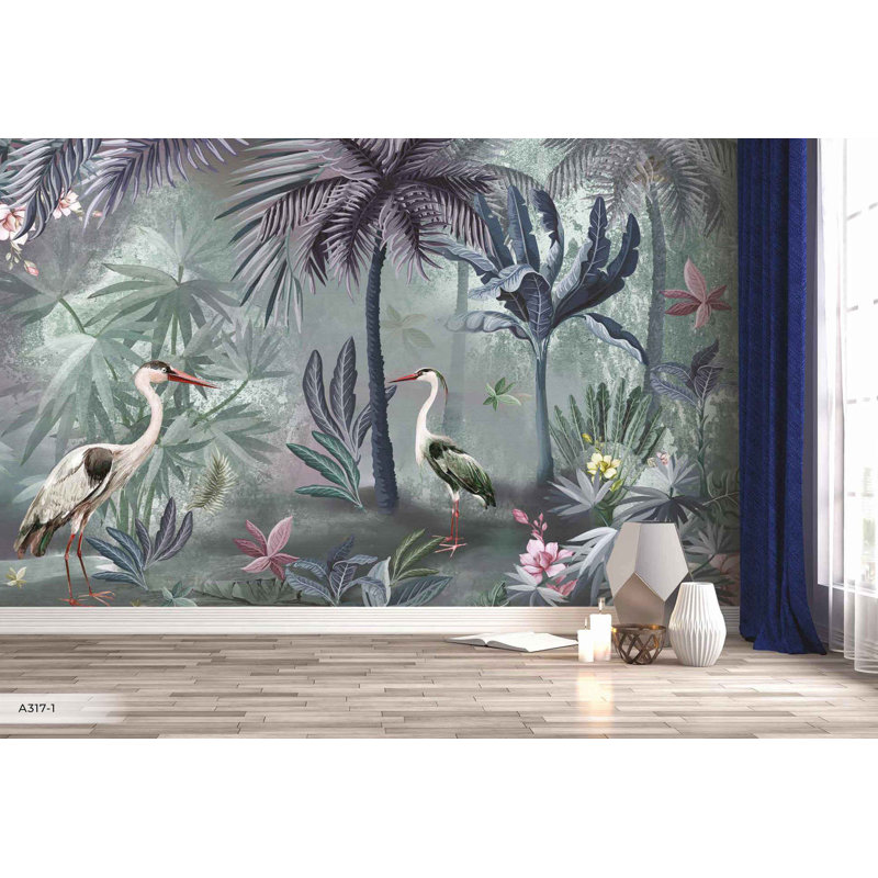Papier peint Serene Tropical Oasis Herons And Palm Trees, L 117,96 po x l 131 po, Vert