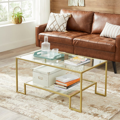 Nancy 39.4" W Rectangle Glass Top Coffee Table with Storage