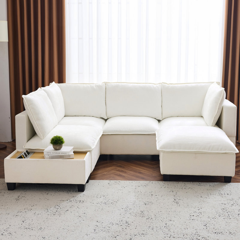 U-Shaped With Movable And Versatile Coffee Table, White - Hidden Charging Access, Cushioned Rest, Framework 90" Sectional Couch Practical Table Built-In Ability, Soft Cushioning Area, Build Guarantee