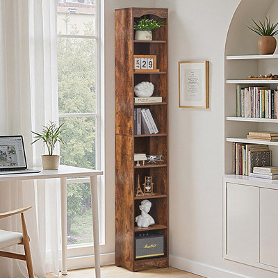 8-Tier Corner Bookshelf, Tall Narrow Brown Bookcase for Small Spaces, Modern Storage Shelf for Living Room, Bedroom, or Office