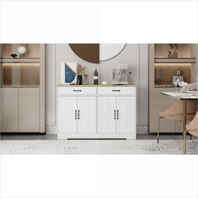 Cabinets | 47.95" Buffet Sideboard Storage Cabinet with 2 Drawers &amp; 4 Doors, off-white, E1 Grade MDF for Dining Living Room | Farmhouse|Kitchen