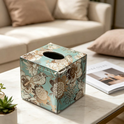Glass Tissue Box Cover with Floral Butterfly Pattern Decorative Square Tissue Holder for Modern Light Luxury Nordic Home Decor