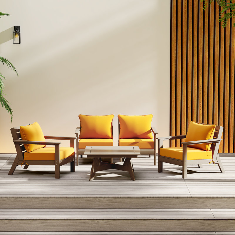 Ensemble de conversation à assise profonde 5 pièces, Noyer, Jaune