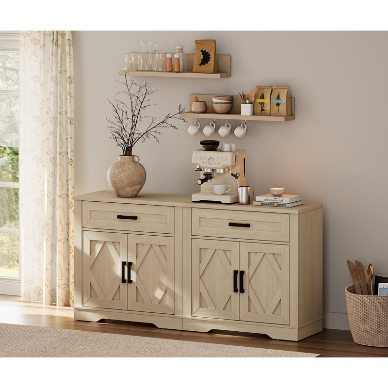 Laziza 63"W Large Modern Farmhouse Large Storage Sideboard Cabinet With Barn Doors & Drawers, Scratch-Resistant Tree Bark Finish