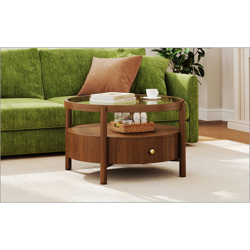 Table basse ronde à plateau en verre avec base en bois de noyer et tiroir caché pour le rangement de salon moderne