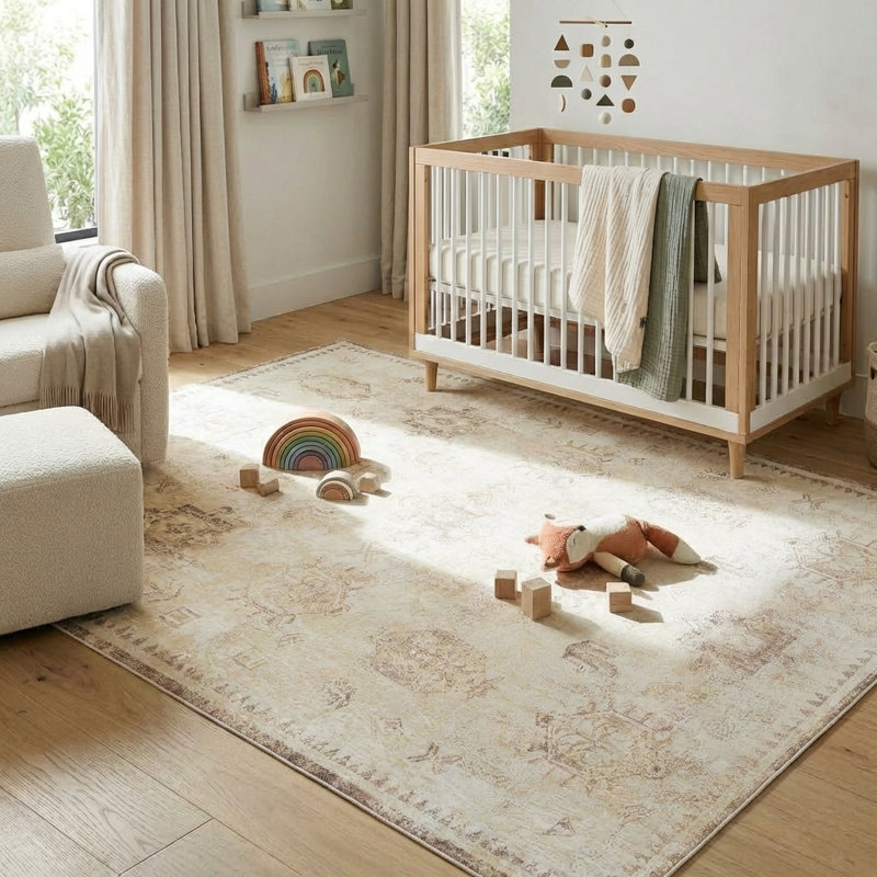 Tapis traditionnel beige / ivoire lavable à la machine, Rectangle 5 pi 3 po x 7 pi