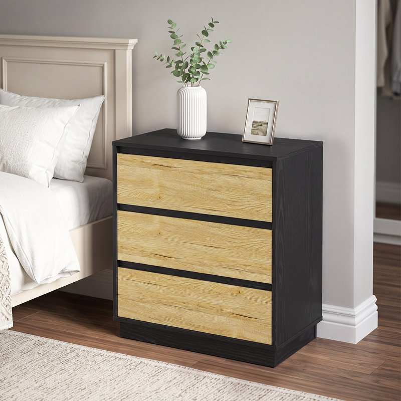 23.6“W Wood Nighstand With 3 Drawers, Black/Yellow