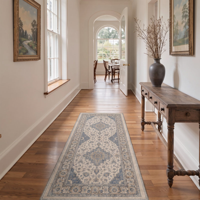 Tapis de couloir oriental traditionnel ivoire/bleu performant à poils courts, lavable et antidérapant