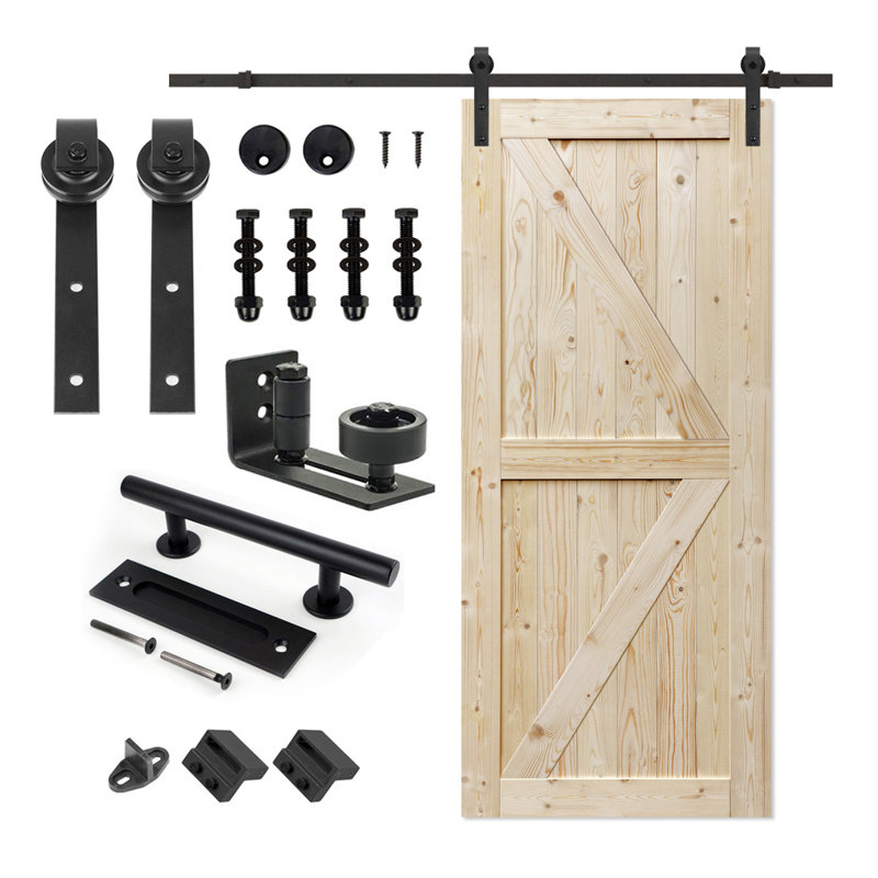 S&Z TOPHAND Unfinished British Brace Knotty Barn Door with Sliding Door Hardware Kit/Solid Wood/Sliding Door/Double Surfaces/A Simple Assembly is Required
