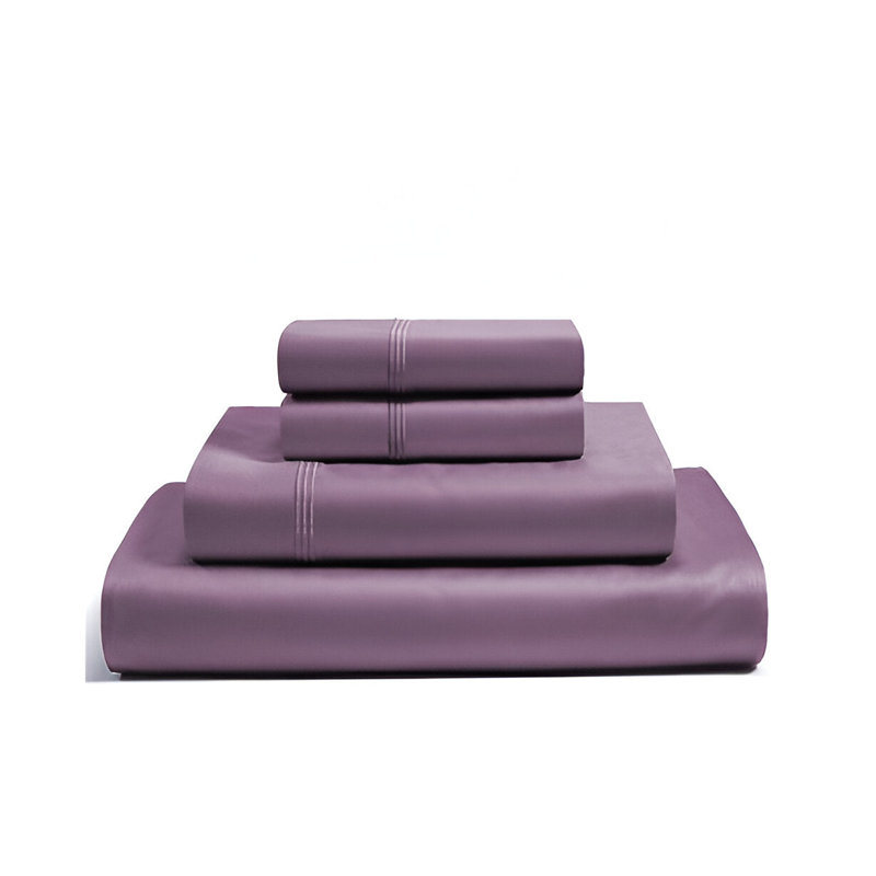 400TC Luxurious Triple Embroidery Sateen Solid Cotton 4 Piece Sheet Set Fitted Sheet Fits Upto 16" Deep Pocket, Lilac