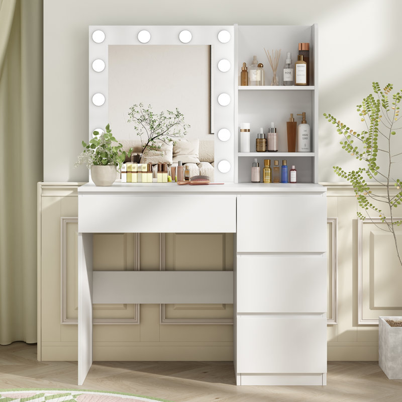 37" Vanity Table with Lighted Mirror, White