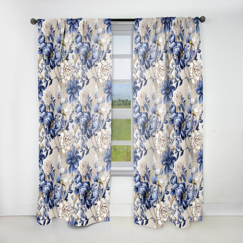 Victorian Blue And White Flowers Damask III - Bohemian Velvet Curtain - Room Darkening - 1 panel, 52" W x 63" L