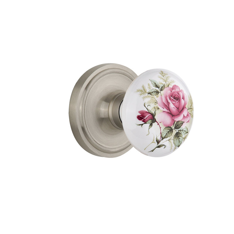 Classic Rosette with White Rose Porcelain Door Knob, Satin Nickel, 2.375"