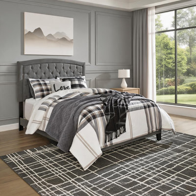 Platform Bed Queen Size No Box Spring Required Soft Gray Linen Upholstered with Padded Headboard