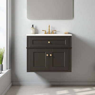 Meuble-lavabo mural moderne de 61 cm (24 po) avec tiroir basculant et charnières à fermeture amortie, armoire de salle de bain à ouverture arrière, 2 portes, lavabo simple en céramique