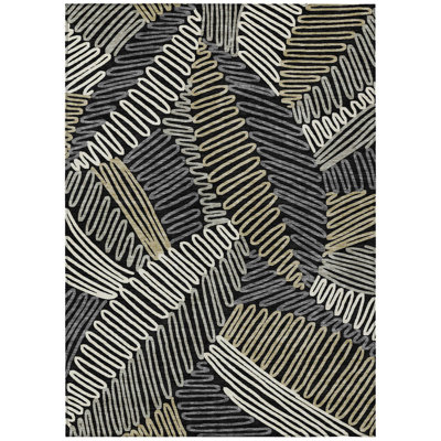 10' X 14' Black Gray And Ivory Floral Washable Indoor Outdoor Area Rug