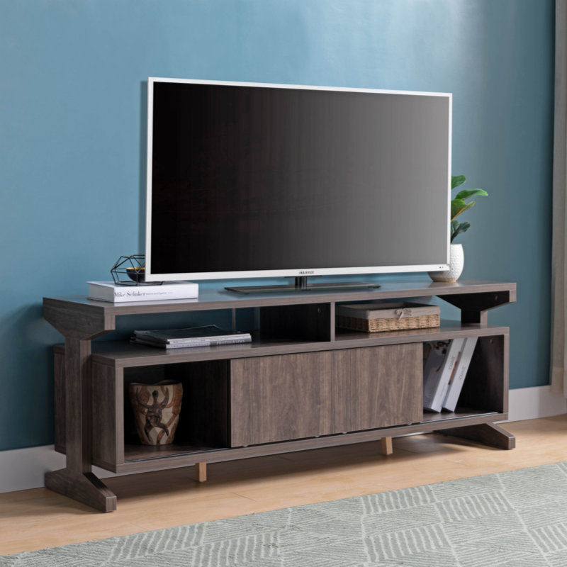 TV Stand In Brown Walnut With Sliding Doors And Five Shelves Spacious Storage For Media Consoles And Accessories, Sleek And Modern Design