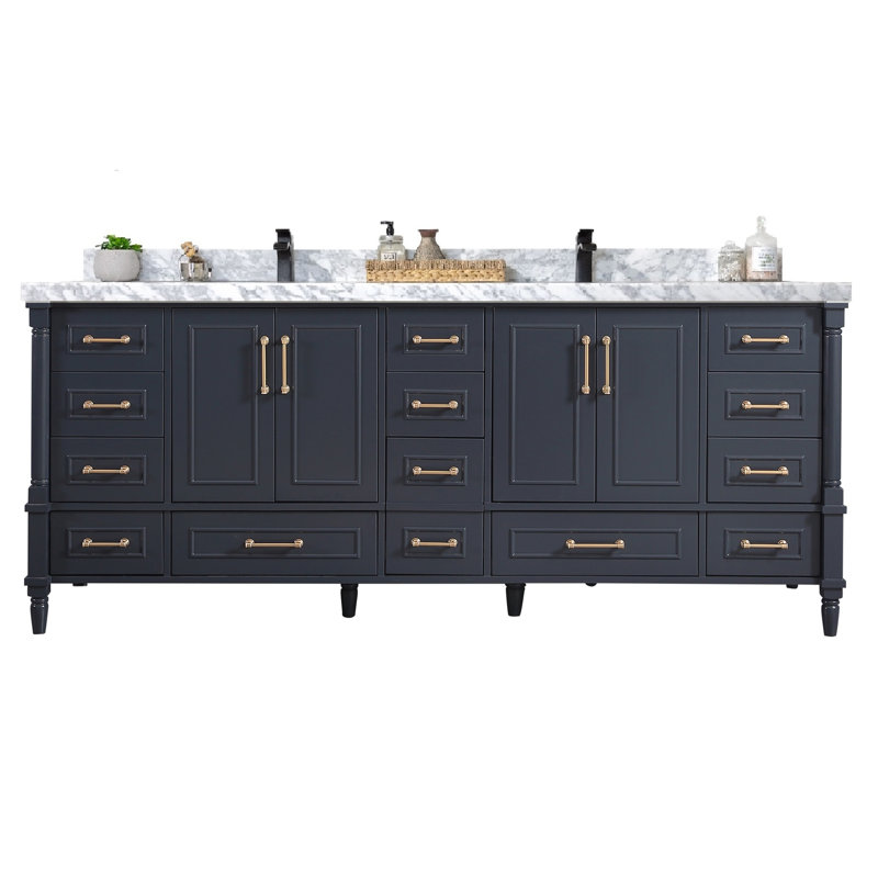 Ensemble de meuble-lavabo double 84 po Flavell, Marbre de Carrare régulier, Bleu marine hâlé