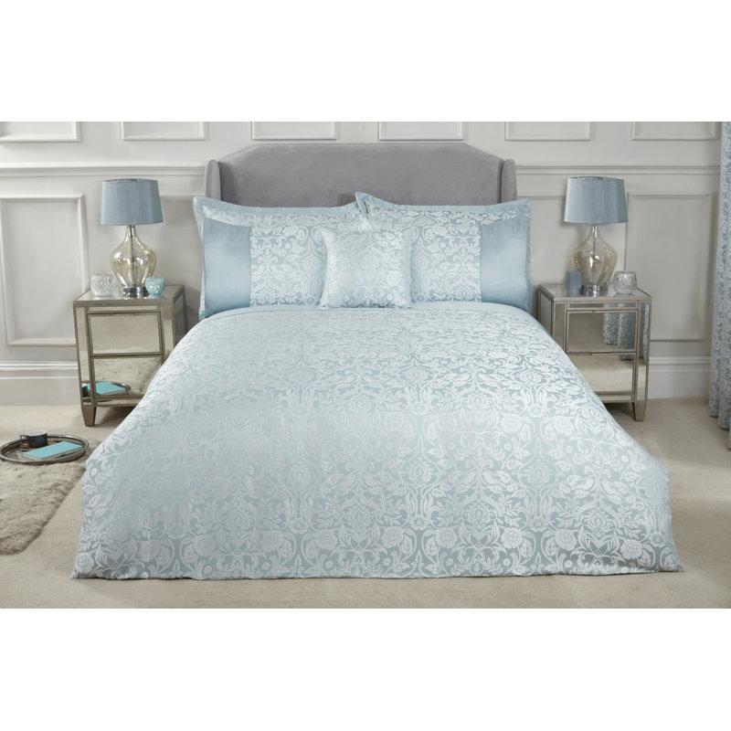 Eden Satin Floral Duvet Cover with Pillowcases Included, Duck Egg, King
