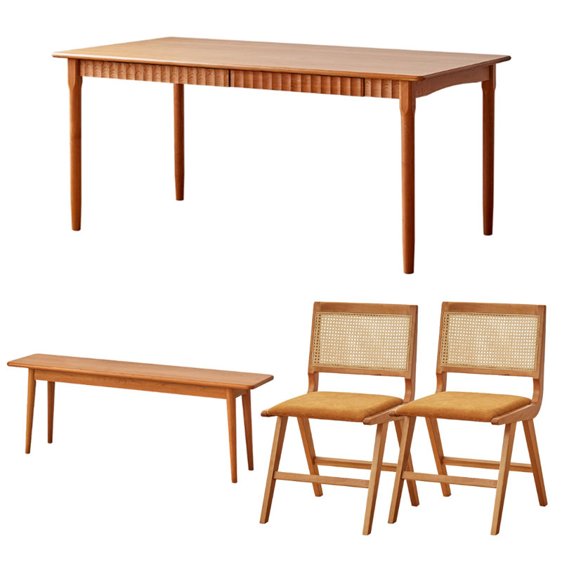 Simple Cherry Wood Drawer Storage Dining Table Set, 29.52"H x 70.86"L x 33.46"W