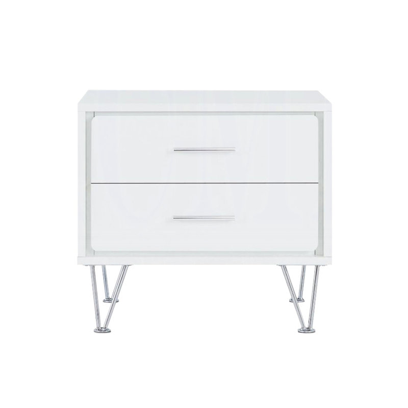 Table de chevet en métal 2 pieds avec aspect blanc - Table de chambre à coucher rectangulaire 2 tiroirs avec pieds