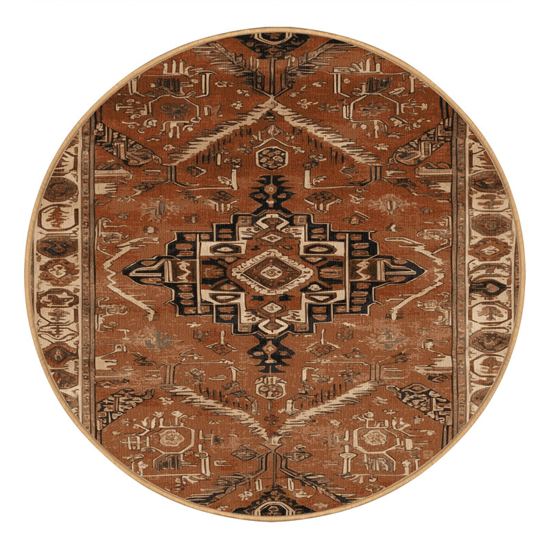 Machine Washable Turkish Brown Area Rug, Rond 6 pi