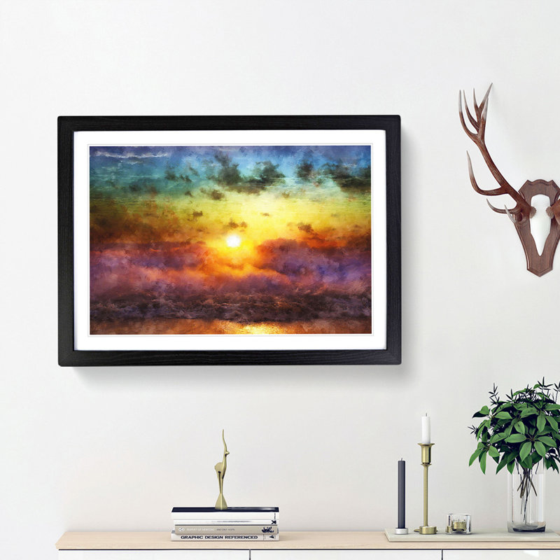 Rainbow Sunset over the Ocean - Picture Frame Painting Print, Black Framed, 62cm H x 87cm W x 2cm D