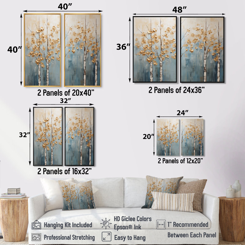 Minimalisme, arbres dorés et bleus, paysage II - art mural traditionnel, H 36 po x l 48 po, Blanc