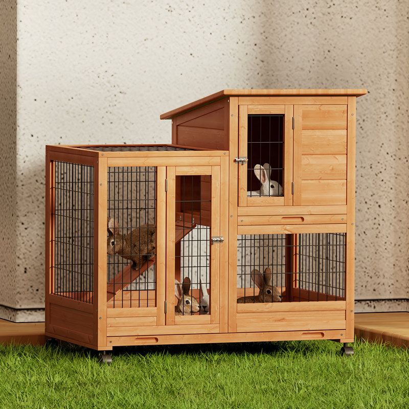 Cage à lapins en bois 36 po avec roulettes, Brun