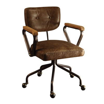 Vintage Office Chair Style, Swivel No - Lift Seat, Padded Top Grain Leather Back And Nailhead Trim Design, 5 Star Metal Base With Rolling , 26" High Wooden Armrest, 20" Seat Width, 24" Product 32"