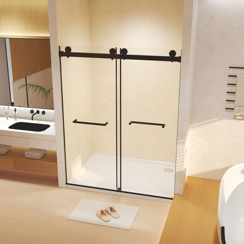 Esom 44-48 "W x 74" H Frameless Double Sliding Shower Door with 5/16" Tempered Glass & Explosion-Proof Film, Matte Black