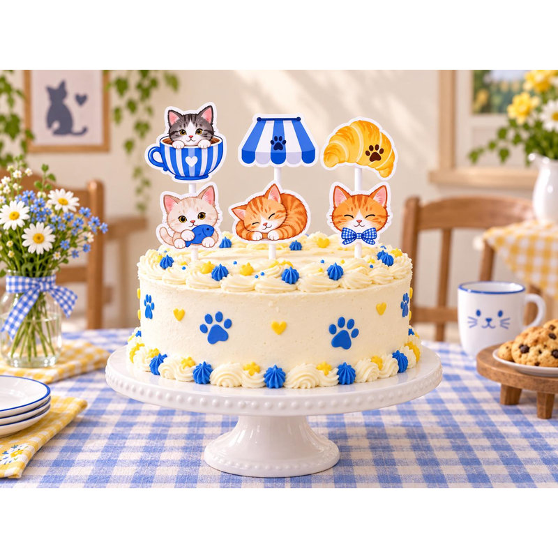 Kitten, décorations de gâteaux de café, choix d'anniversaire de fête de thé pour chat, ensemble de chat en carton jaune et bleu