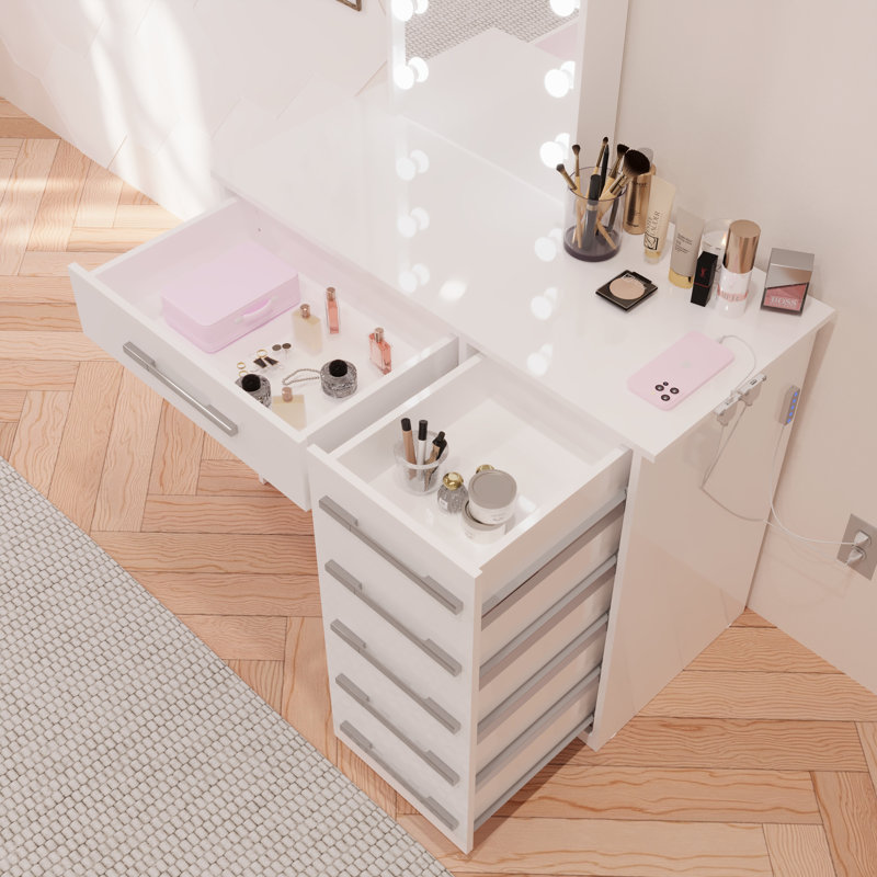 Boahaus Sofia Modern Lighted Vanity Table, Mirror with Lights Add-On, USB (Type A & C) and 06 Drawers for Storage