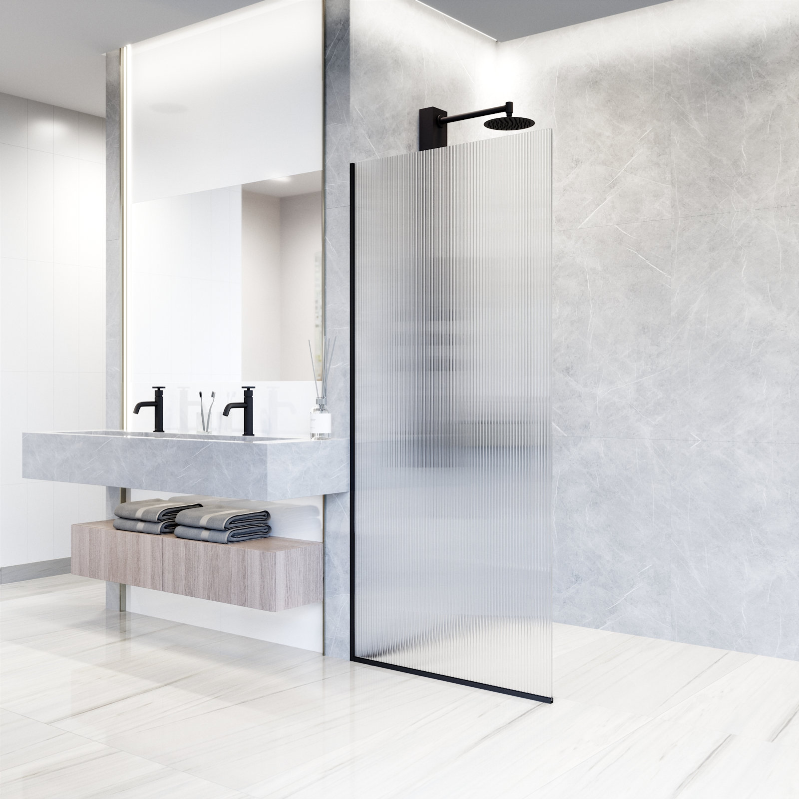 Zenith Frameless Fixed Shower Screen, Matte Black Fluted