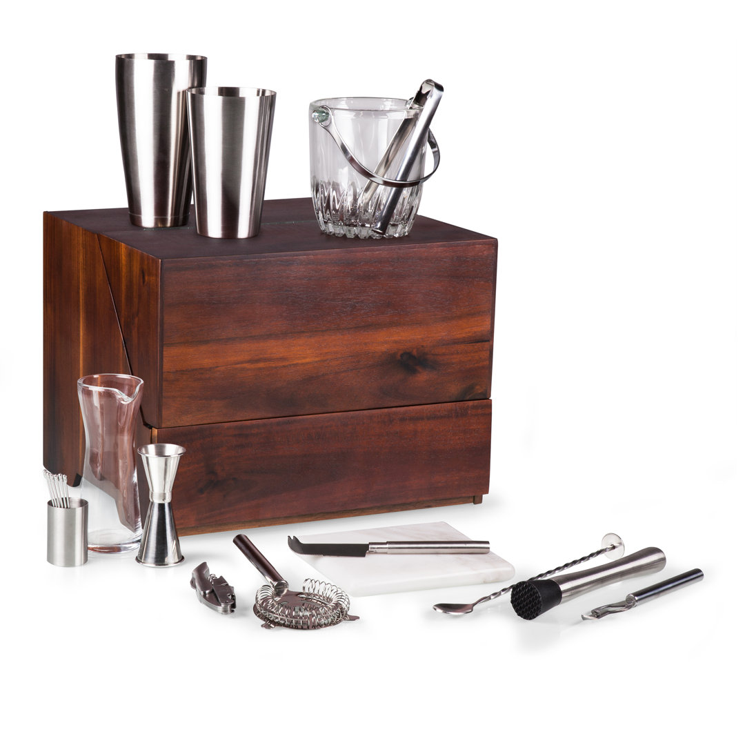 Madison Acacia Tabletop Bar Tool Set - Professional Mixology Bartender Kit with Stand Winona Millwood Pines