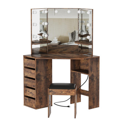 Coiffeuse d'angle moderne avec miroir triptyque éclairé par DEL, éclairage d'ambiance à 10 ampoules, 5 tiroirs, station de recharge intégrée, meuble de maquillage gain de place pour chambre, fini bois de tigre