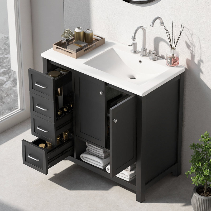Meuble-lavabo noir 36 po avec lavabo en céramique, deux tiroirs et armoire de rangement, conception moderne en bois massif
