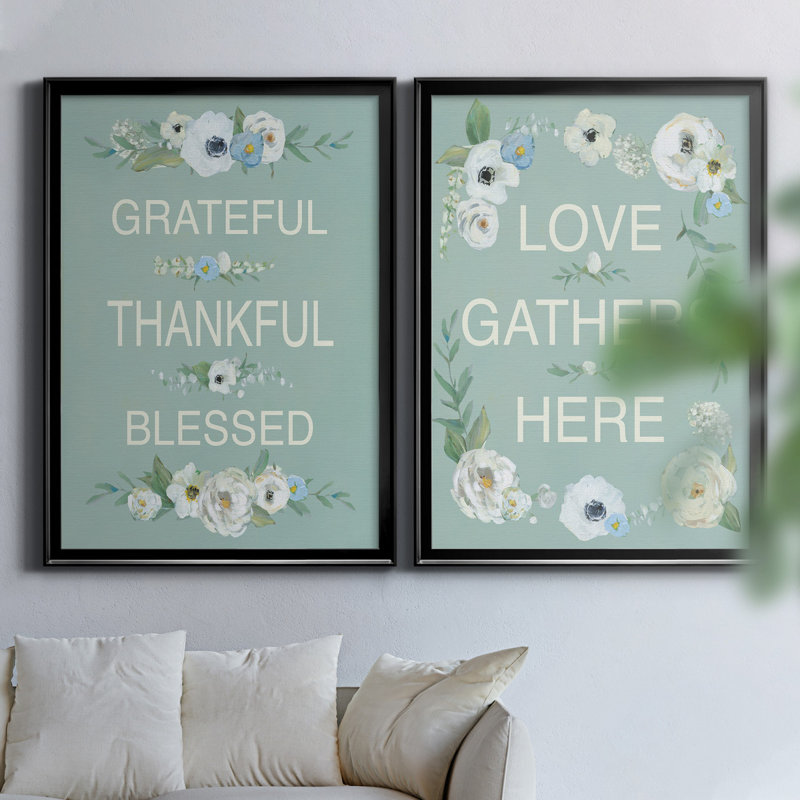 Grateful Thankful - ensemble de 2 reproductions d'art textuel, Toile avec cadre noir, Pas de tapis