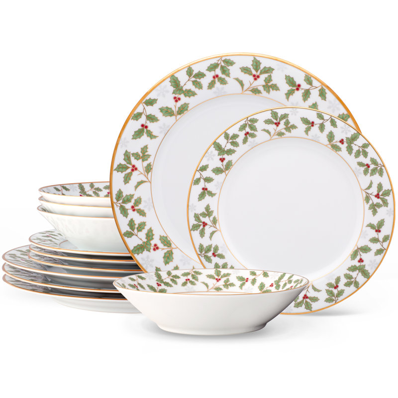 Noritake Holly and Berry Gold 12-Piece Dinnerware Set, Servicer For 4