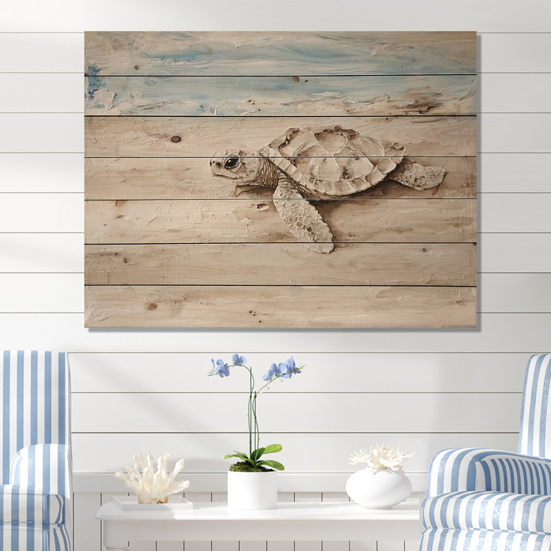 Minimal Turtle By The Beach - Art mural moderne en bois sur bois de pin naturel, H 24 po x l 32 po