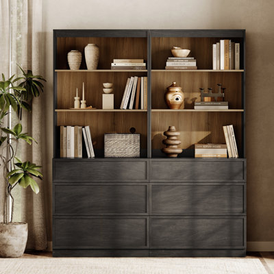Modern 72" Tall Bookshelf with 6 Drawers and Open Book Shelves, Library Bookcase with Storage Cabinet, Wood Freestanding Book shelf for Home Office, Living room