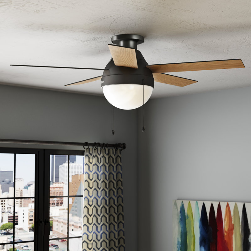 46" Anslee 5 - Blade LED Flush Mount Ceiling Fan with Pull Chain and Light Kit Included, Fresh White