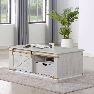 Table basse de style rustique 1Pc avec tiroir de rangement et tablette blanc antique avec accents dorés