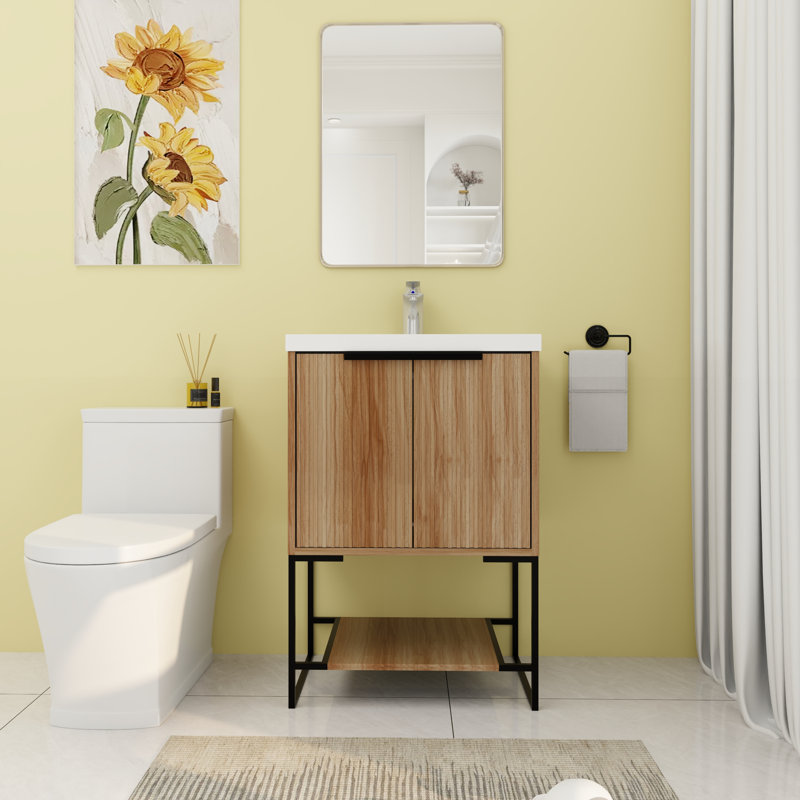 Meuble-lavabo simple autoportant de 23,66 po avec plateau en résine Ekain, Brun clair, Noir mat